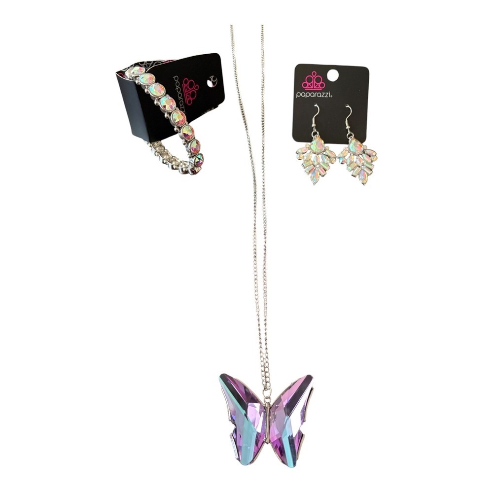 Paparazzi Jewelry Set Butterfly Necklace Oil Spill Earrings Bracelet Iridescent